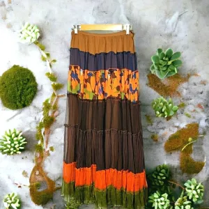 SILK Boho Tiered Sheer MAXI Skirt Prarie Cottage Vacay Tropical Flowy Fairy Skrt