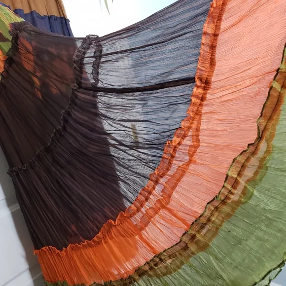 SILK Boho Tiered Sheer MAXI Skirt Prarie Cottage Vacay Tropical Flowy Fairy Skrt