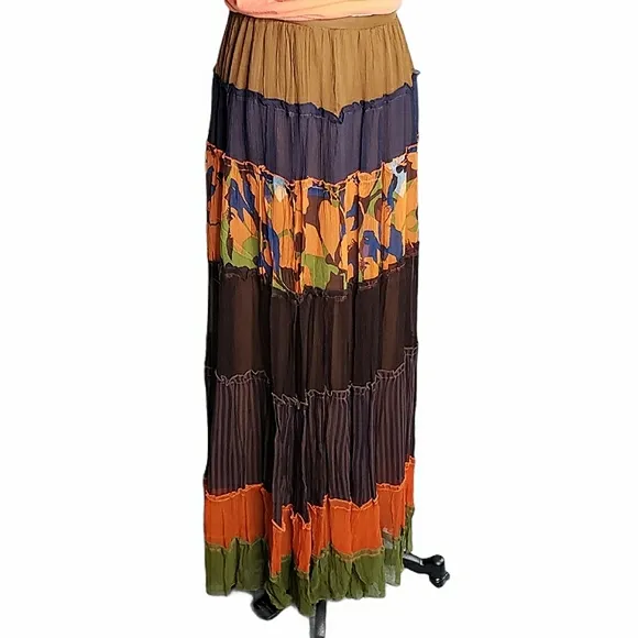 SILK Boho Tiered Sheer MAXI Skirt Prarie Cottage Vacay Tropical Flowy Fairy Skrt