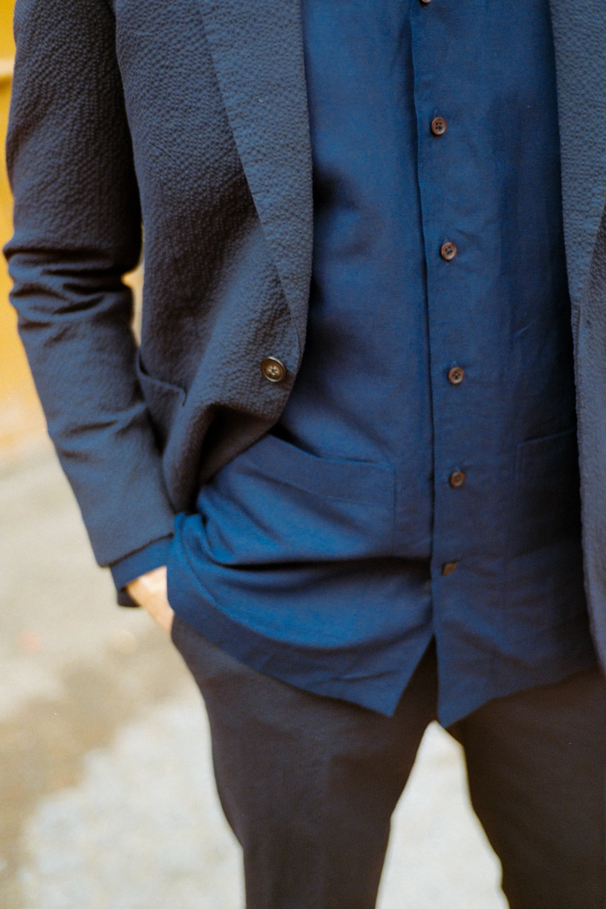 Single Breasted Notch Lapel Suit in Navy Seersucker