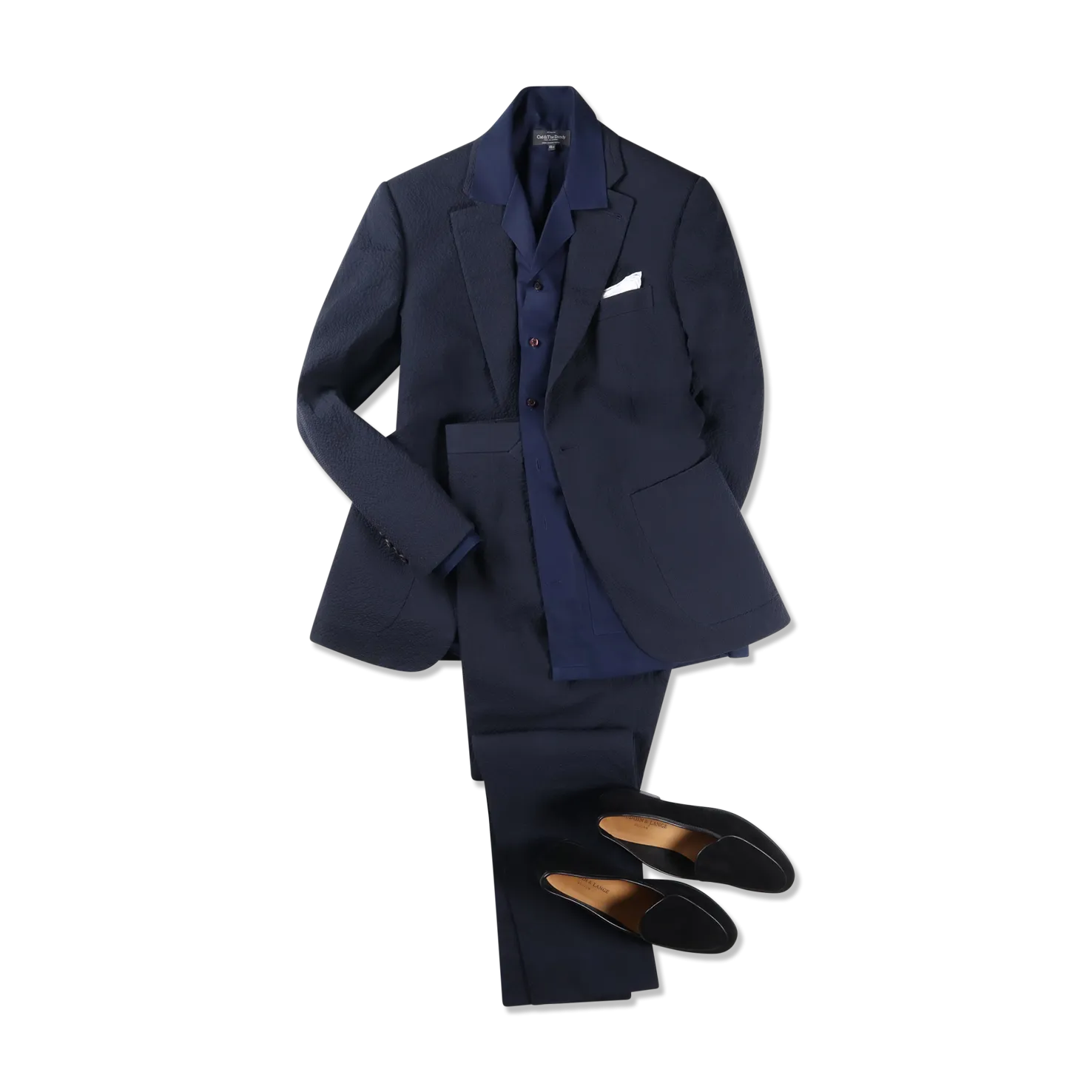 Single Breasted Notch Lapel Suit in Navy Seersucker