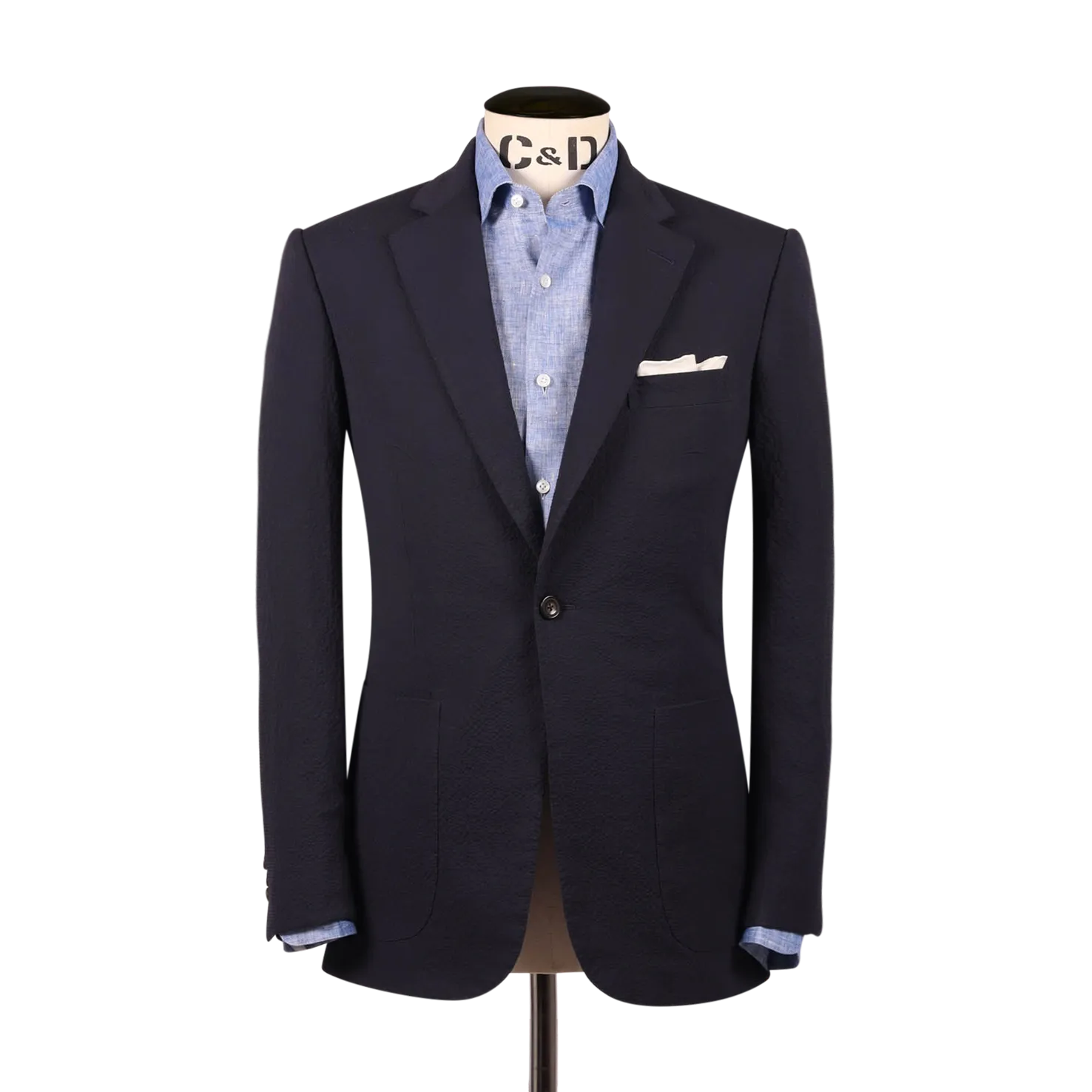 Single Breasted Notch Lapel Suit in Navy Seersucker