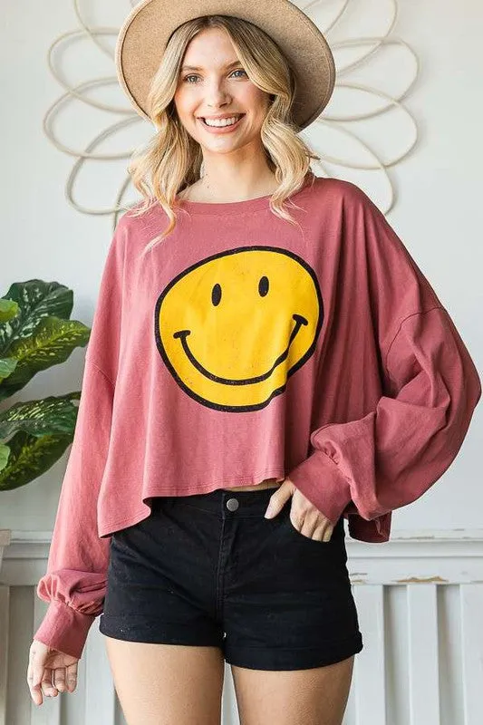 Smiley Face Long Sleeve Crop Top – Stretch Cotton Graphic Tee