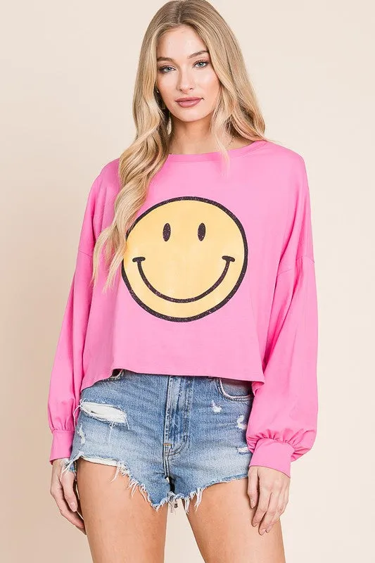 Smiley Face Long Sleeve Crop Top – Stretch Cotton Graphic Tee