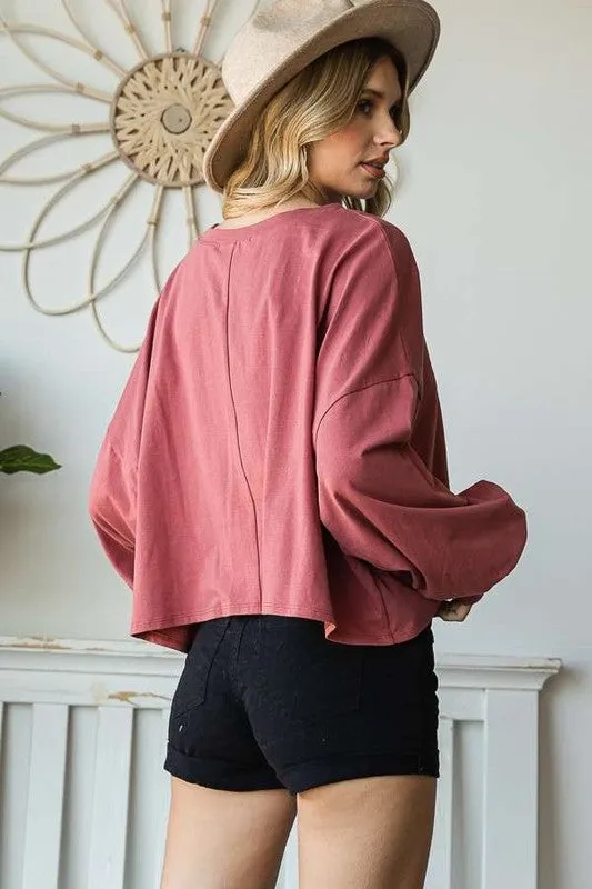 Smiley Face Long Sleeve Crop Top – Stretch Cotton Graphic Tee