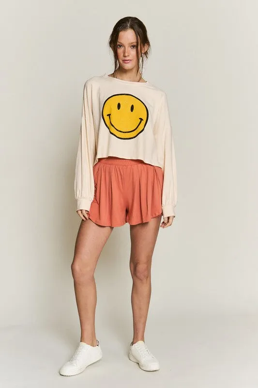 Smiley Face Long Sleeve Crop Top – Stretch Cotton Graphic Tee