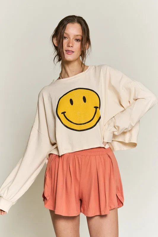 Smiley Face Long Sleeve Crop Top – Stretch Cotton Graphic Tee