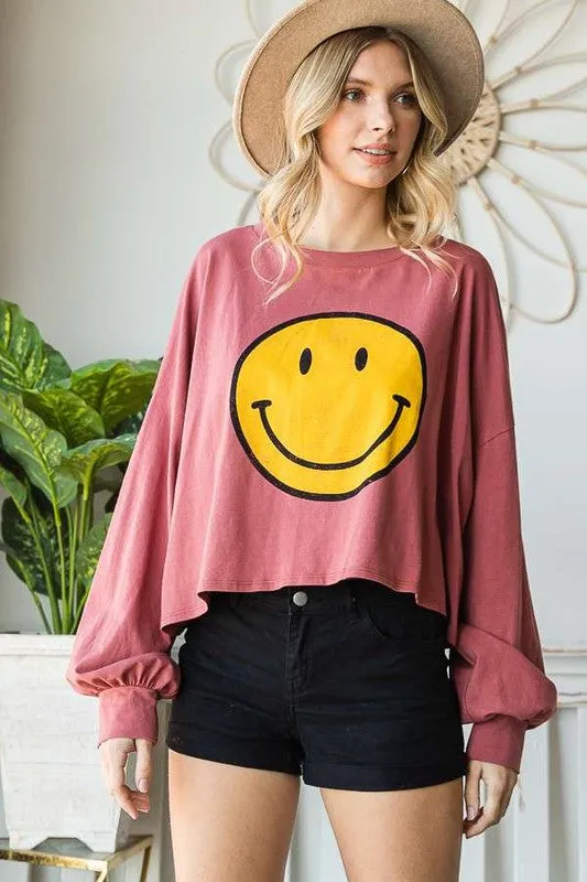 Smiley Face Long Sleeve Crop Top – Stretch Cotton Graphic Tee