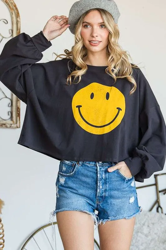 Smiley Face Long Sleeve Crop Top – Stretch Cotton Graphic Tee