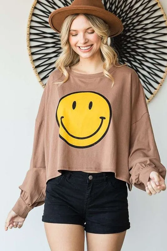 Smiley Face Long Sleeve Crop Top – Stretch Cotton Graphic Tee