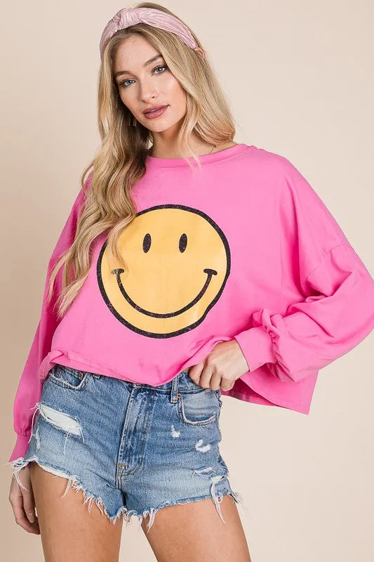Smiley Face Long Sleeve Crop Top – Stretch Cotton Graphic Tee