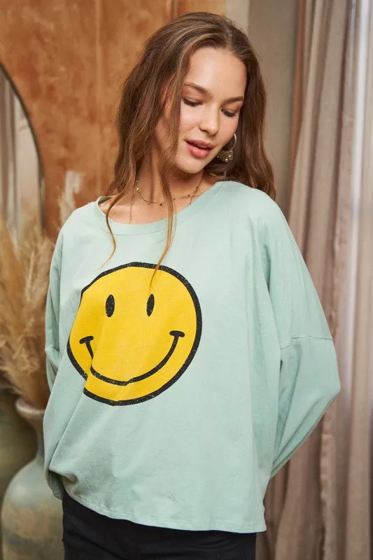 Smiley Face Long Sleeve Crop Top – Stretch Cotton Graphic Tee