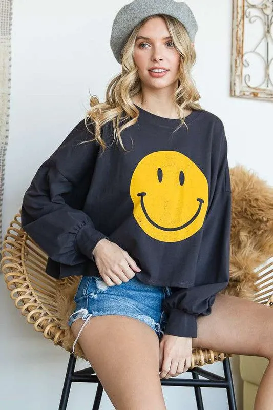 Smiley Face Long Sleeve Crop Top – Stretch Cotton Graphic Tee