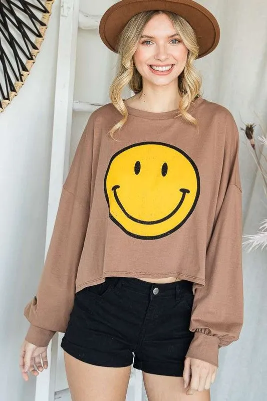 Smiley Face Long Sleeve Crop Top – Stretch Cotton Graphic Tee