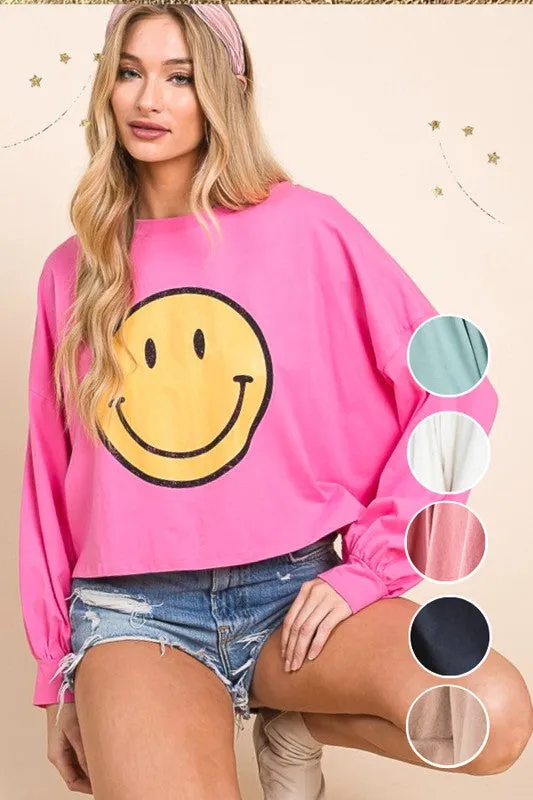 Smiley Face Long Sleeve Crop Top – Stretch Cotton Graphic Tee