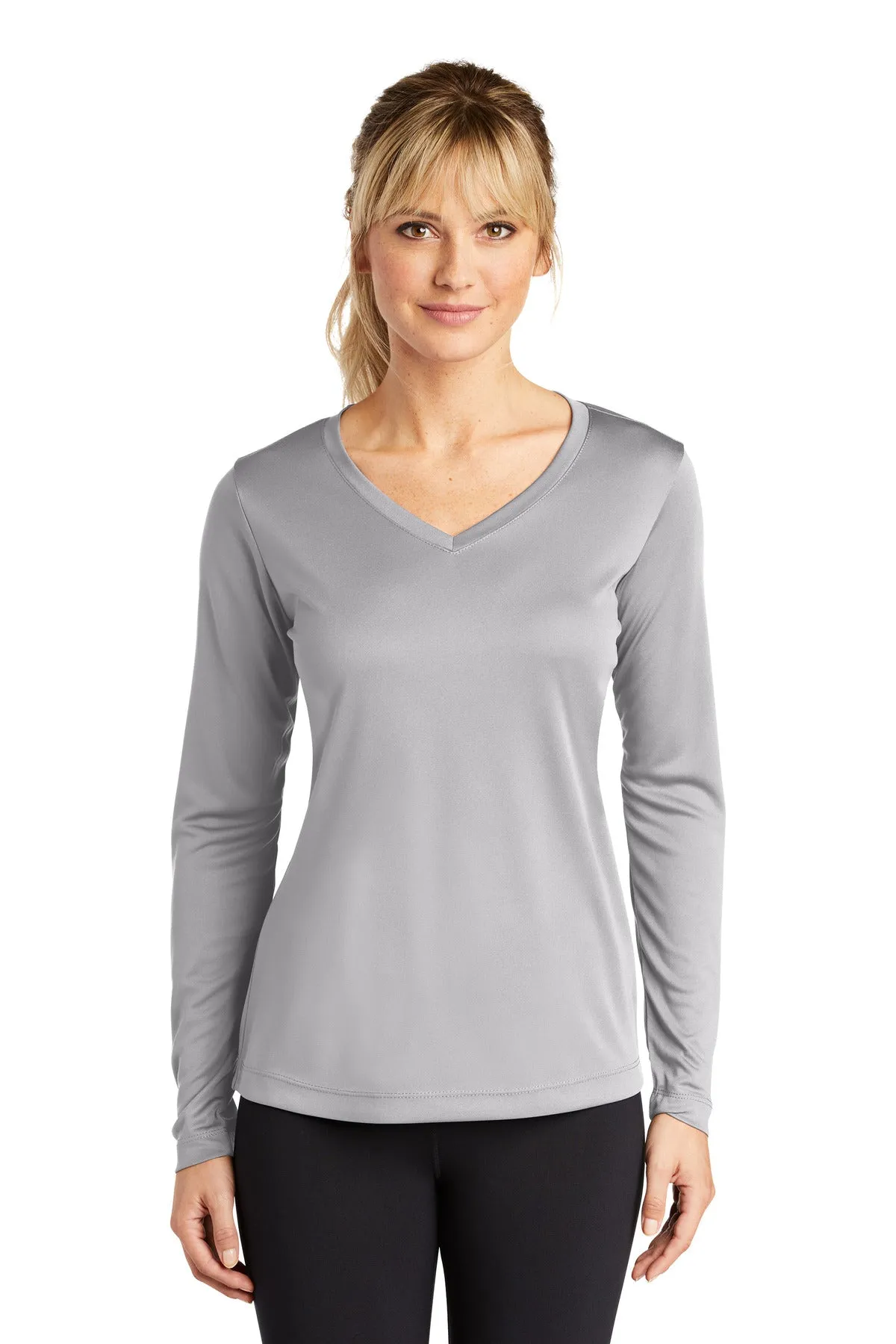 Sport-Tek Women's Long Sleeve PosiCharge Competitor V-Neck Tee. LST353LS Silver