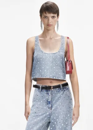 Square Rhinestone Denim Top (Light Blue)