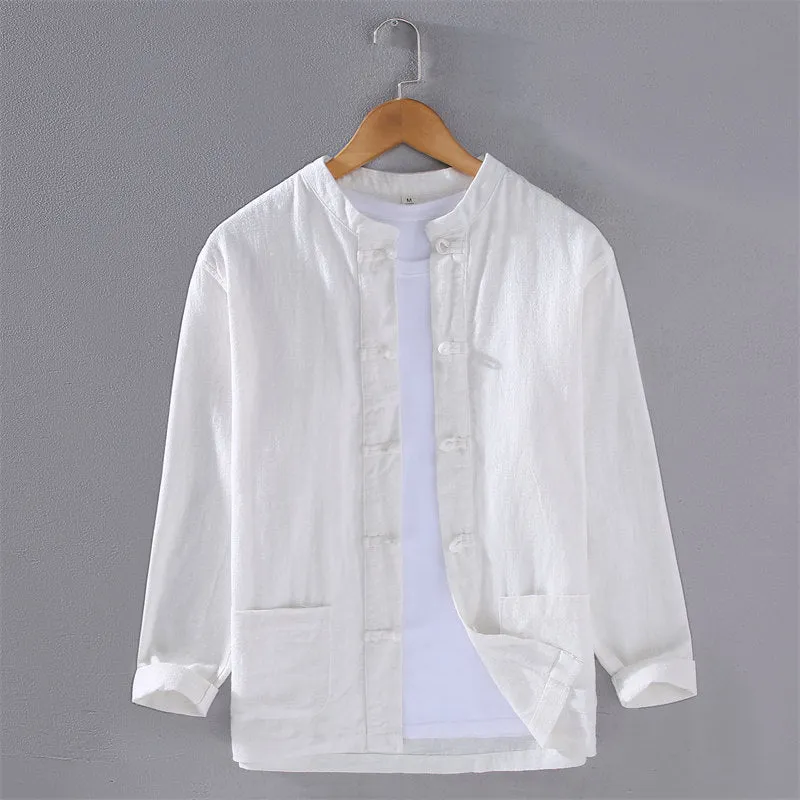 Stand Collar Cotton Linen Long Sleeve Shirt