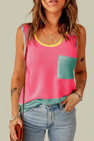 Strawberry Pink Color Block Patched Pocket Breathable Knit Tank Top