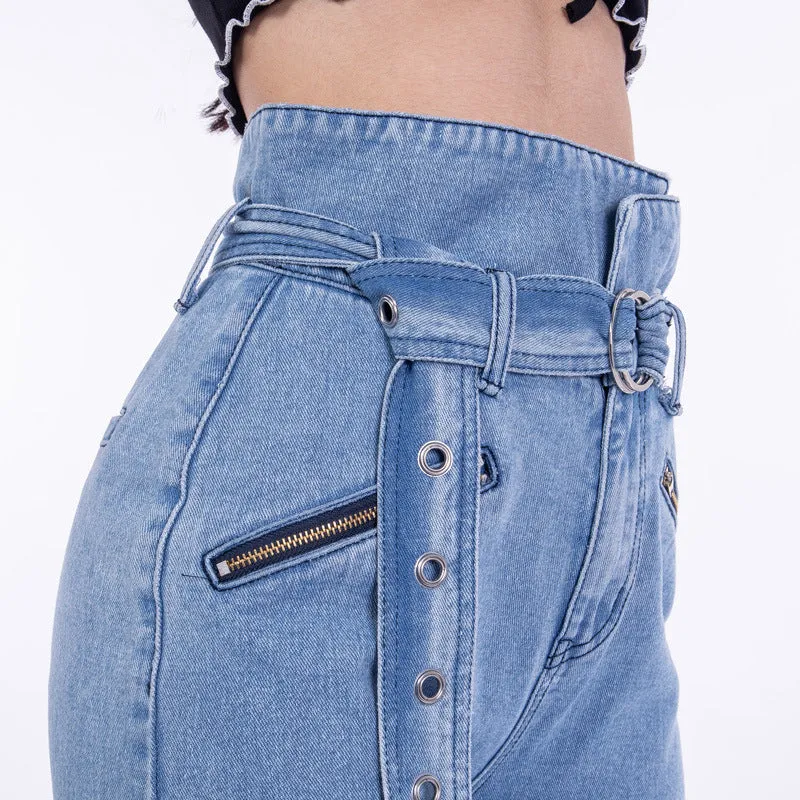Street High Waist Jeans Female Autumn Flower Feet Pants
