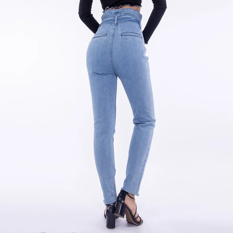 Street High Waist Jeans Female Autumn Flower Feet Pants