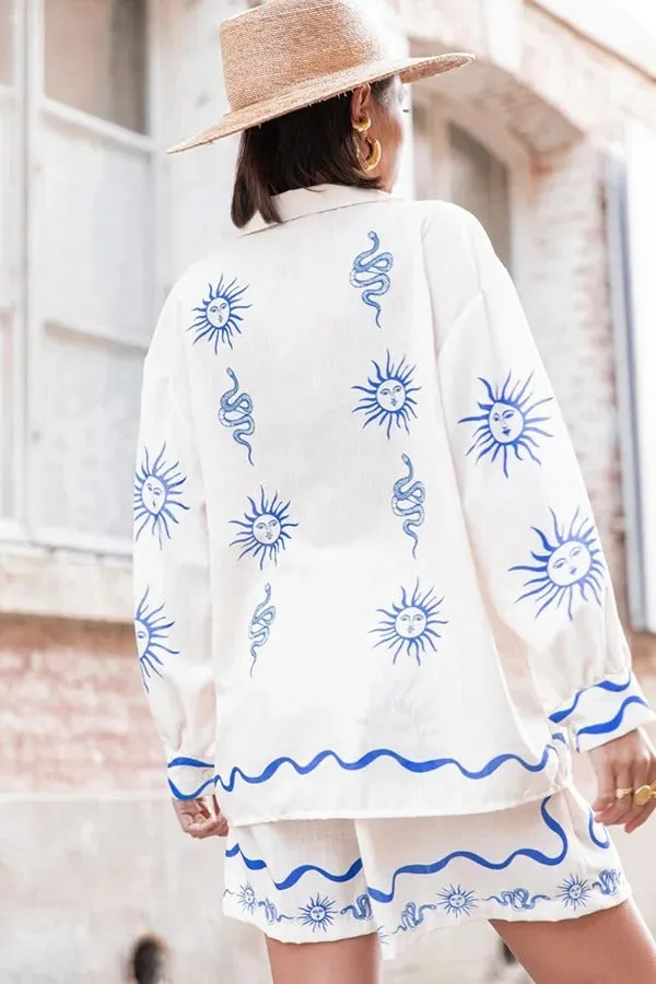 Symbol of Sicily Linen Blend Unique Print Balloon Sleeve Button Loose Shirt