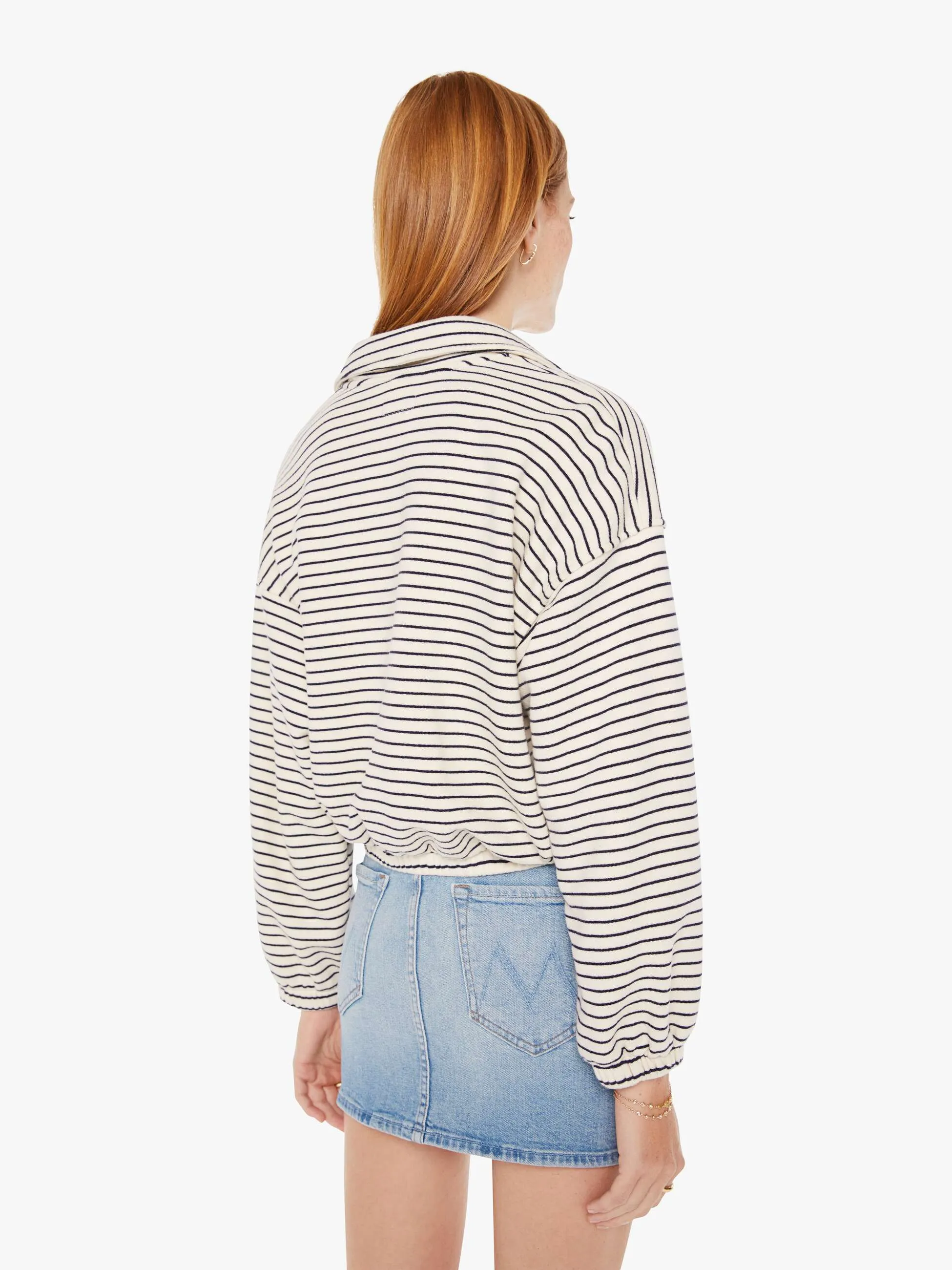 The Long Drop Cinch Pullover in Navy and Cream