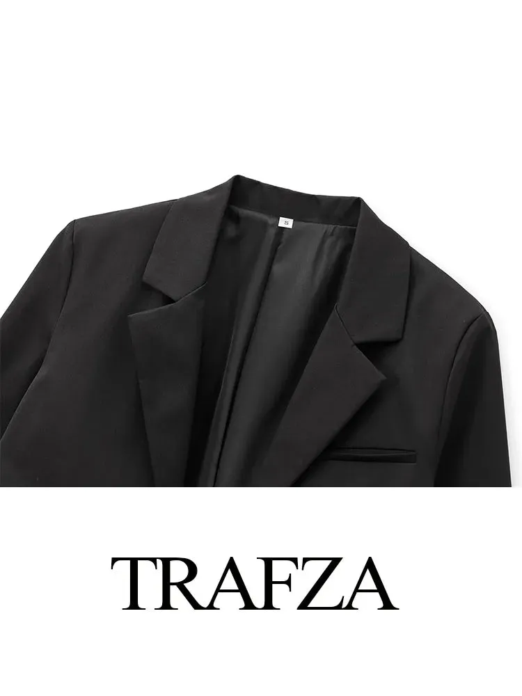 TRAFZA Female Autumn High Street Slim Blazers Black Turn-Down Collar Long Sleeves Bow Decorate Women Fashion Short Coats
