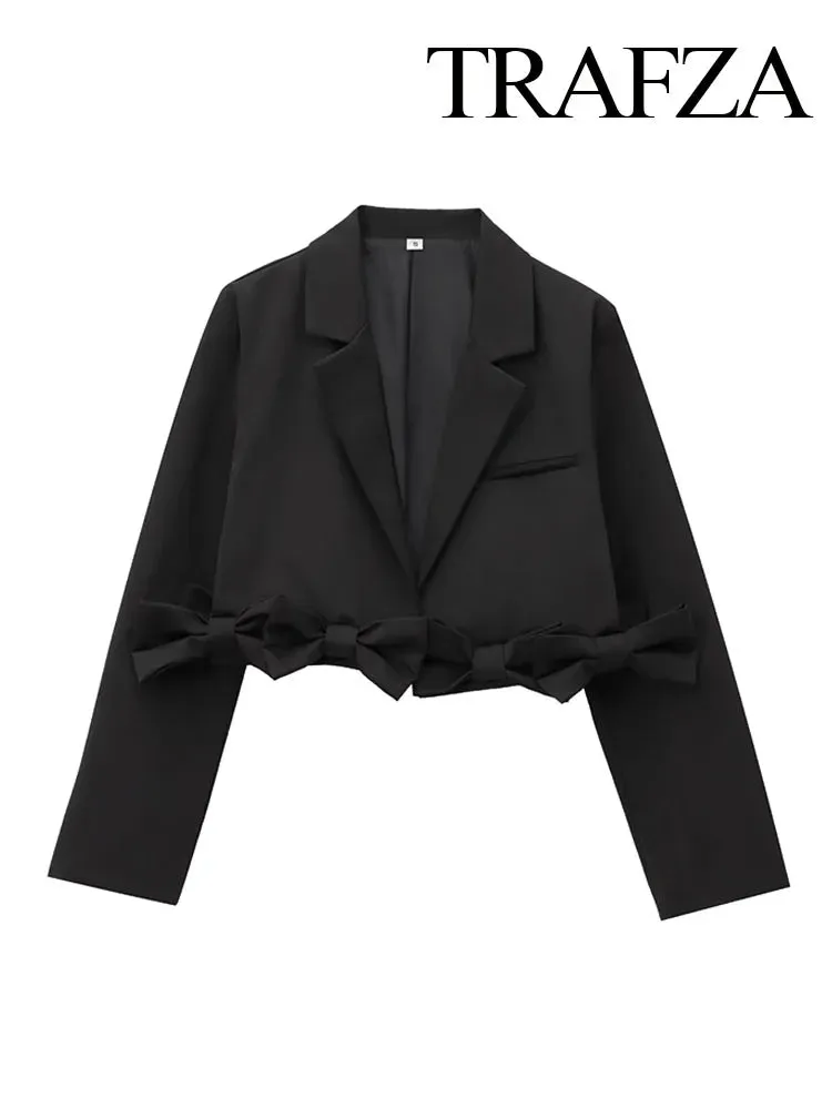 TRAFZA Female Autumn High Street Slim Blazers Black Turn-Down Collar Long Sleeves Bow Decorate Women Fashion Short Coats