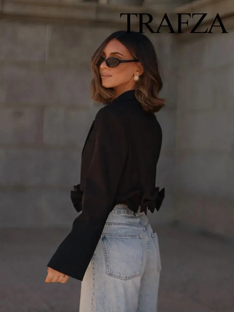 TRAFZA Female Autumn High Street Slim Blazers Black Turn-Down Collar Long Sleeves Bow Decorate Women Fashion Short Coats