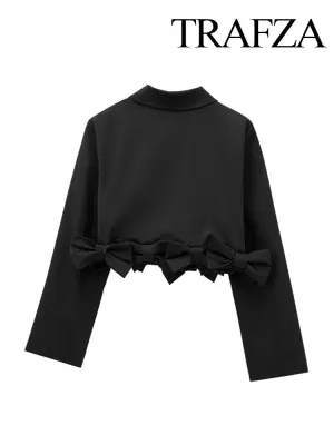 TRAFZA Female Autumn High Street Slim Blazers Black Turn-Down Collar Long Sleeves Bow Decorate Women Fashion Short Coats