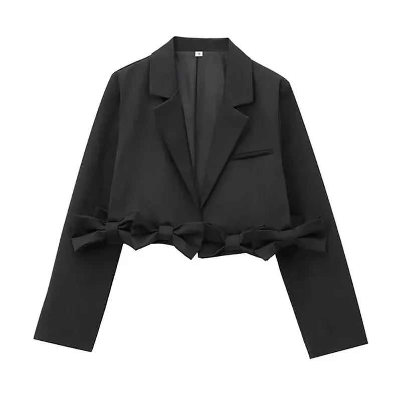 TRAFZA Female Autumn High Street Slim Blazers Black Turn-Down Collar Long Sleeves Bow Decorate Women Fashion Short Coats