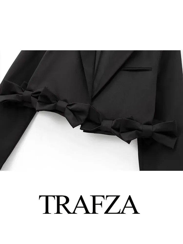 TRAFZA Female Autumn High Street Slim Blazers Black Turn-Down Collar Long Sleeves Bow Decorate Women Fashion Short Coats