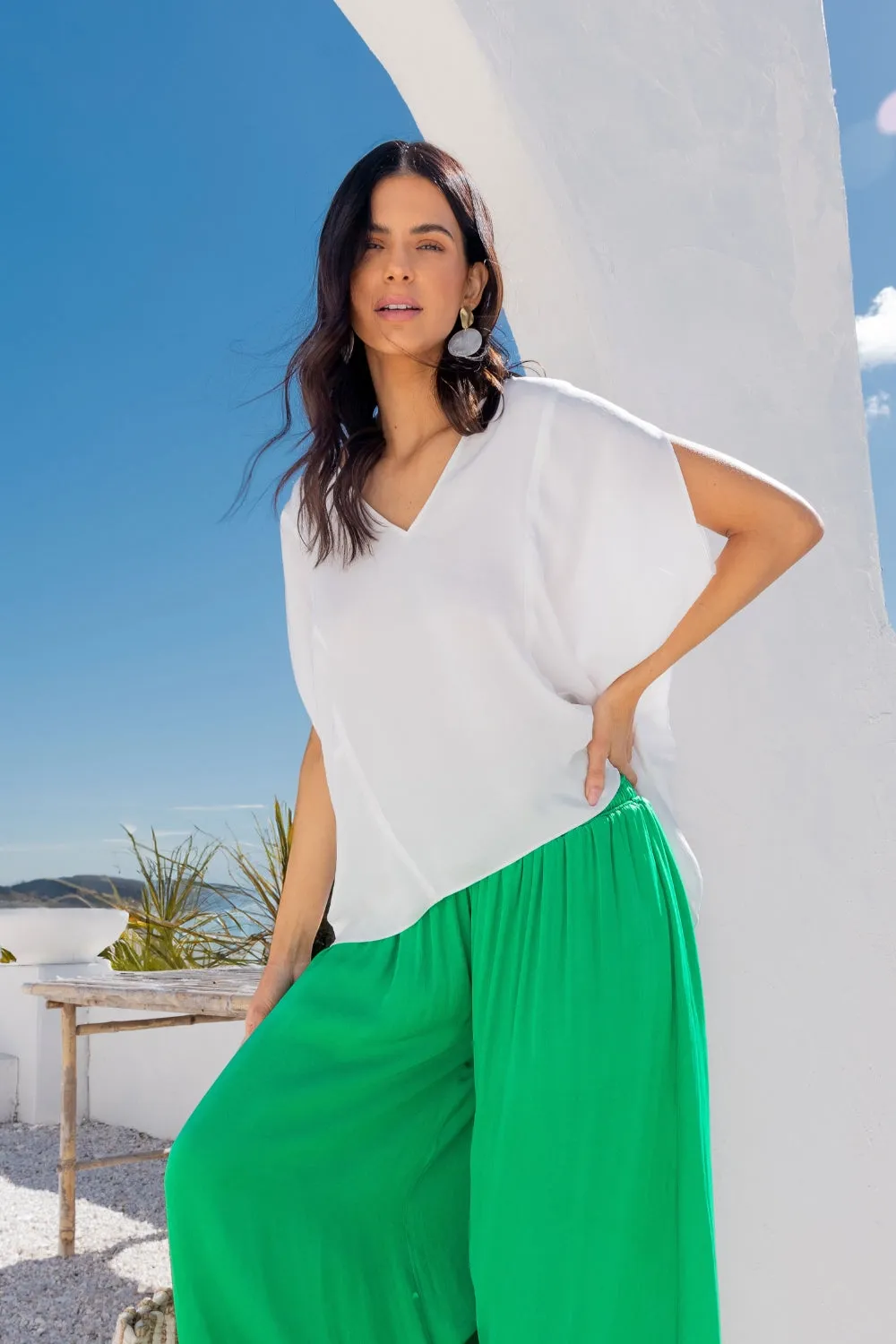 V-Neck Draped Blouse With Elastic Back