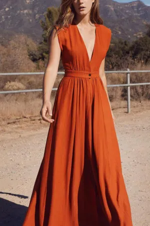 V-neck loose cotton and linen dress