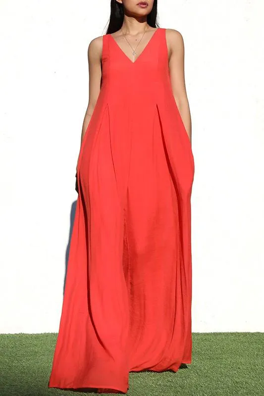 V Neck Loose Linen Orange Lime Jumpsuit