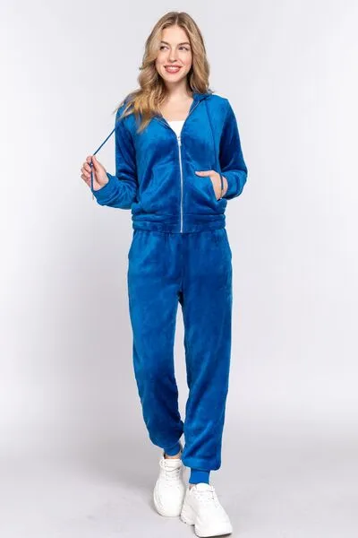 Velvet Zip Up Long Sleeve Hoodie and Joggers Set