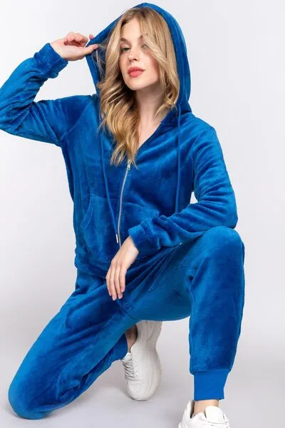 Velvet Zip Up Long Sleeve Hoodie and Joggers Set