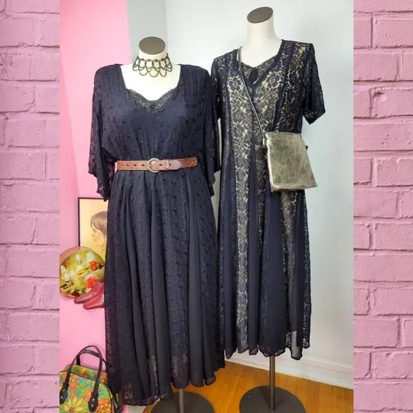 Vintage 90s Navy Lace Overlay Boho Maxi Dress