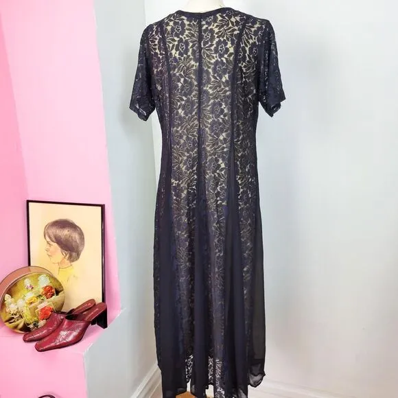 Vintage 90s Navy Lace Overlay Boho Maxi Dress