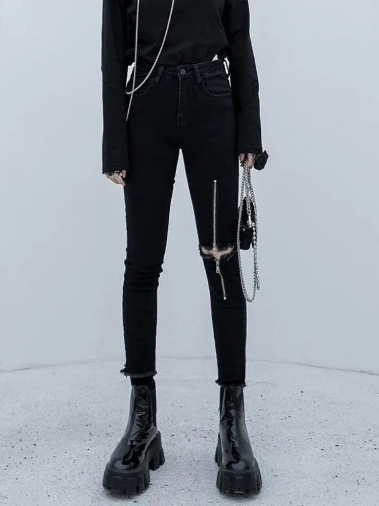 Vintage Black Punk Style Zipper Ripped High Waist Pencil Pants