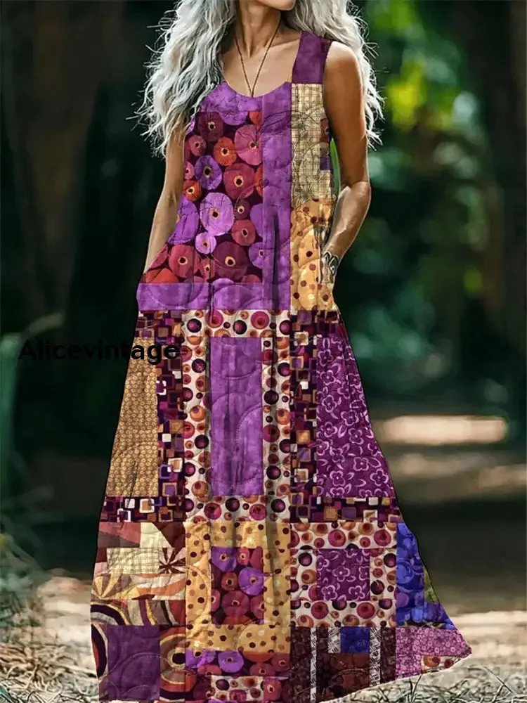 Vintage Bohemian Floral Print Sleeveless Loose Midi Dress