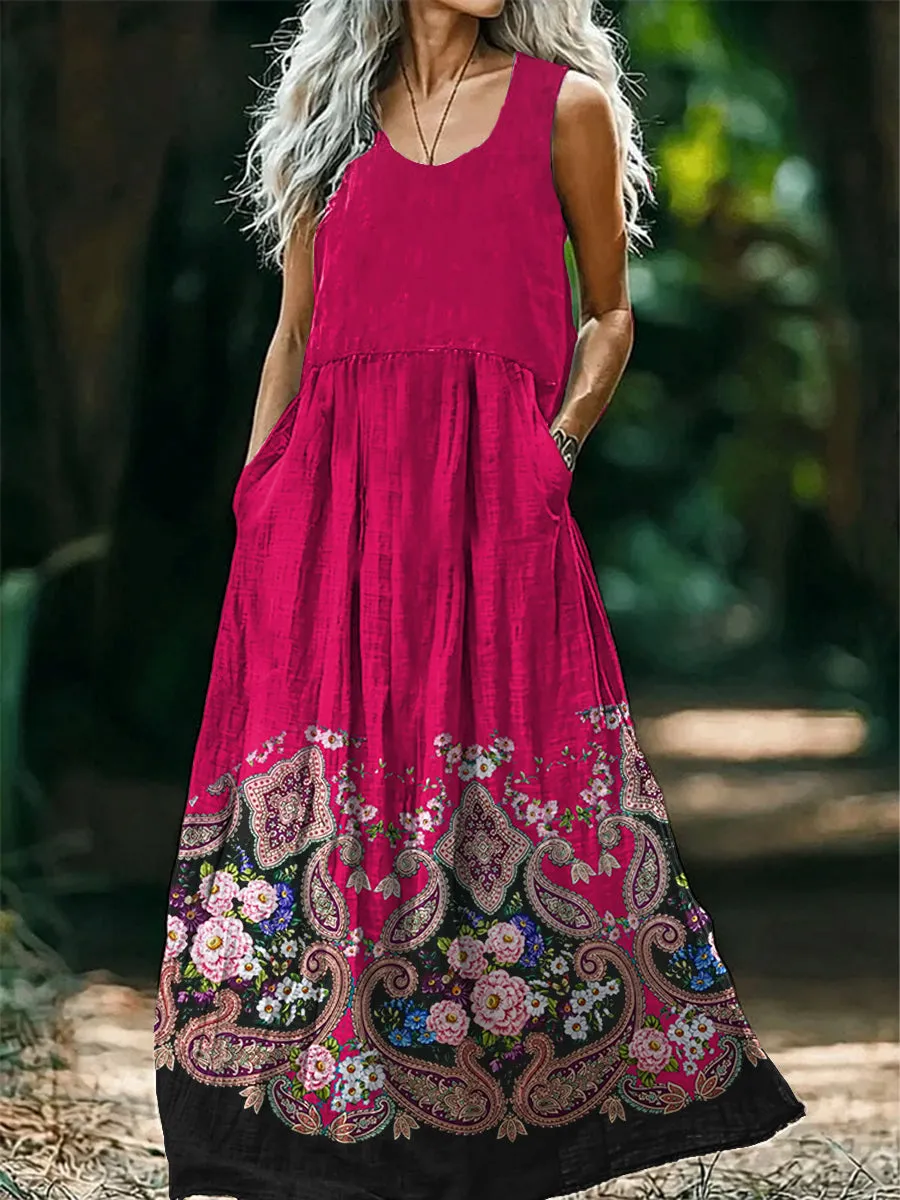 Vintage Bohemian Floral Print Sleeveless Loose Midi Dress