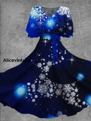 Vintage Christmas Print Short Sleeve V Neck Elegant Chic Flowy Midi Dress