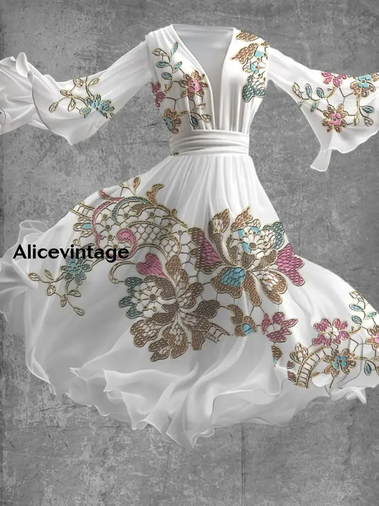 Vintage Floral Art Print V Neck Elegant Chic Flowy Midi Dress