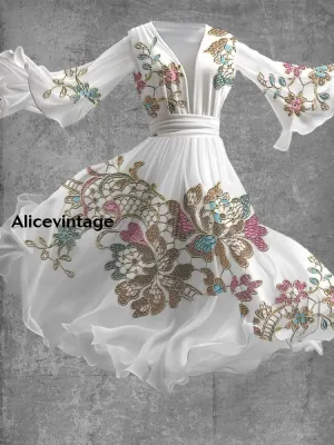 Vintage Floral Art Print V Neck Elegant Chic Flowy Midi Dress