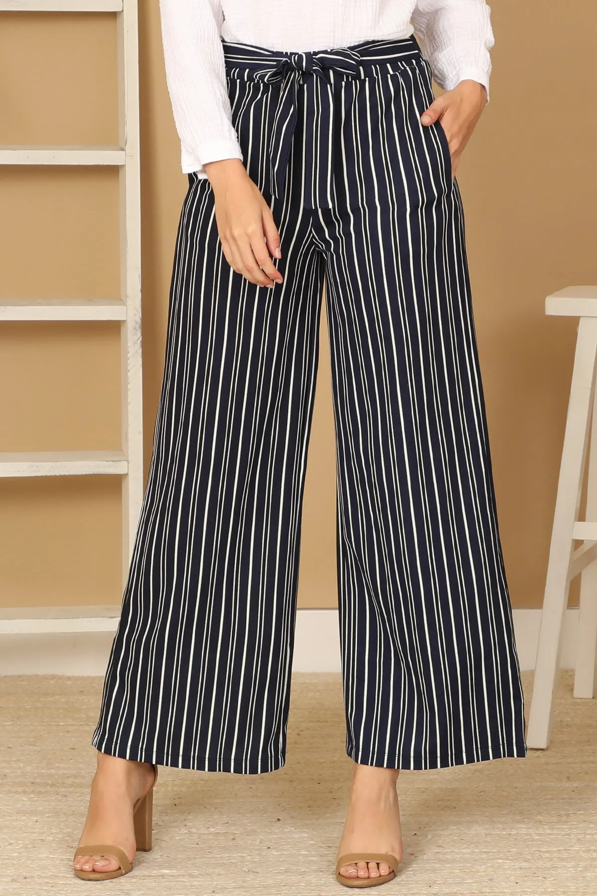 WAIST TIE STRIPE SQUARE PANTS
