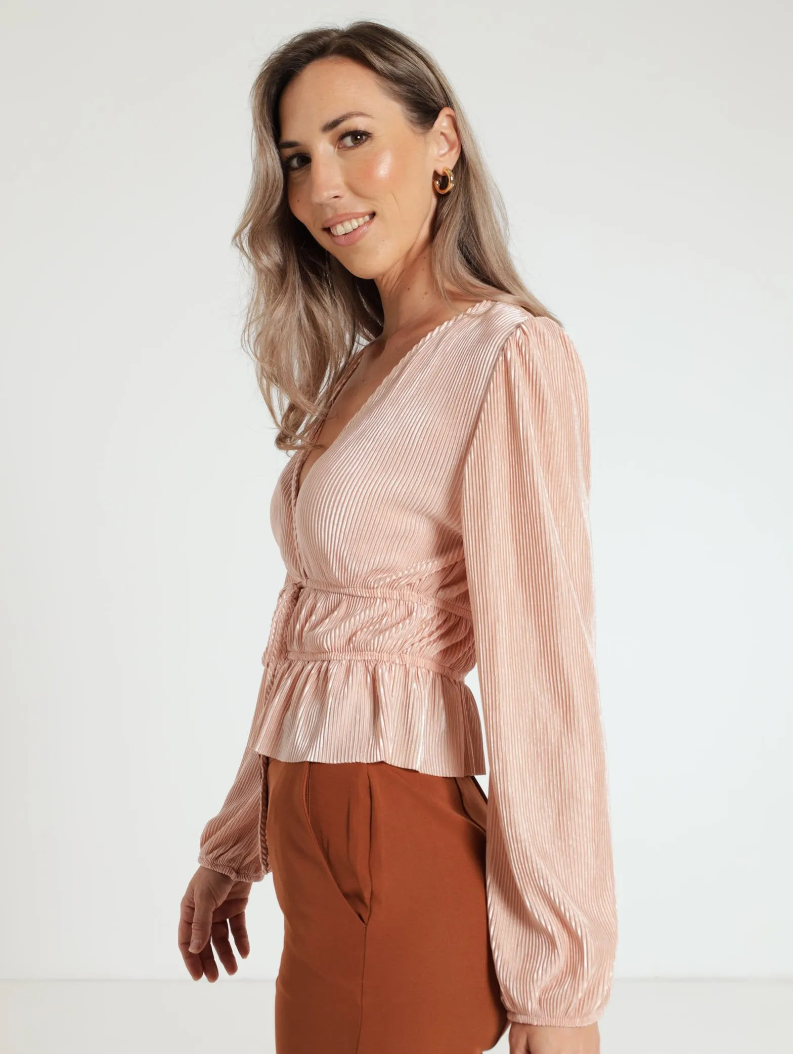 Waisted Plisse Blouse - Light Pink