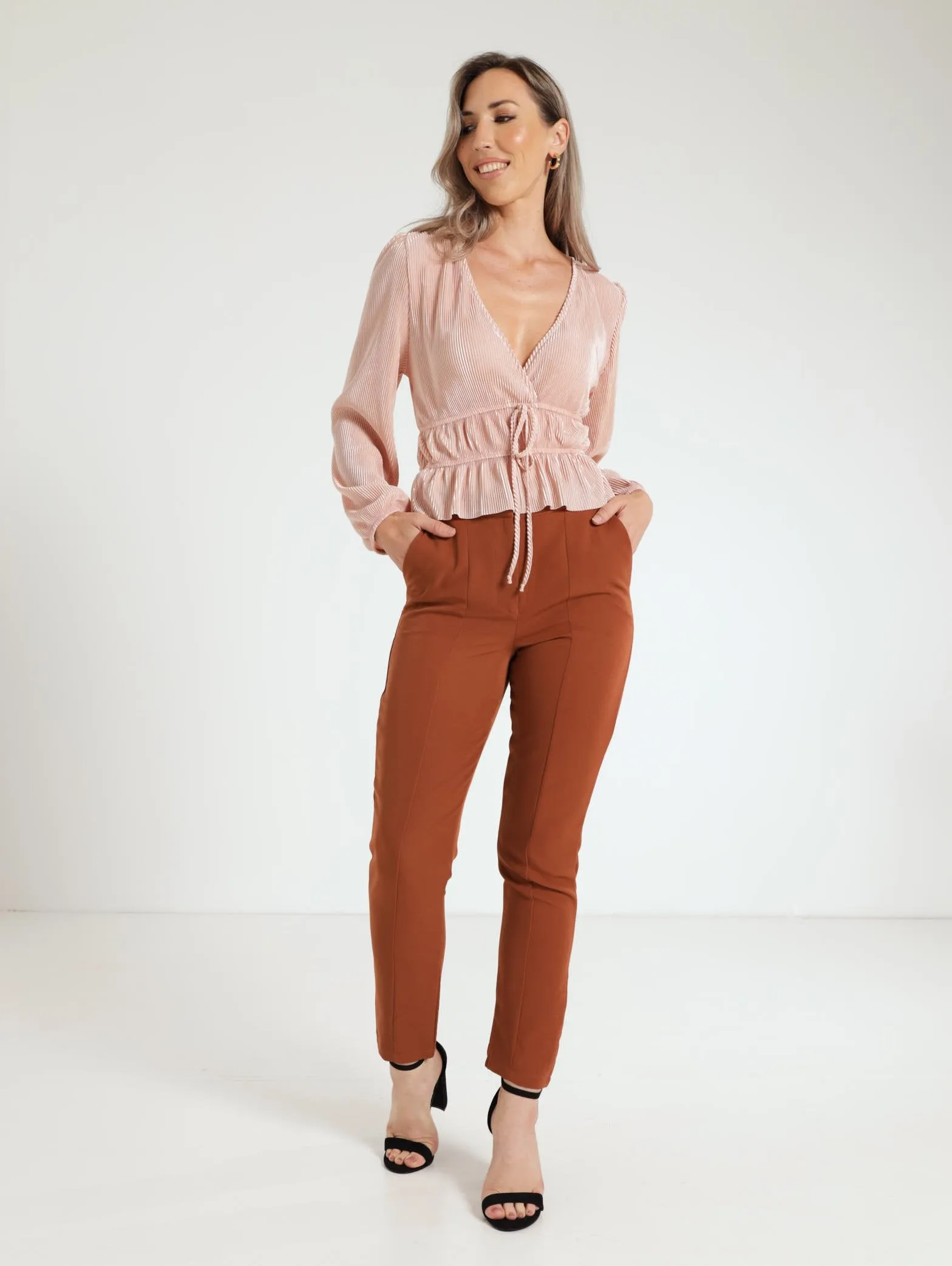 Waisted Plisse Blouse - Light Pink