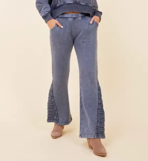 Washed Denim Crochet Wide Leg Pants